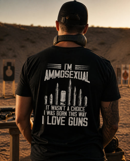 Man wearing the black I'm Ammosexual tee at a desert shooting range