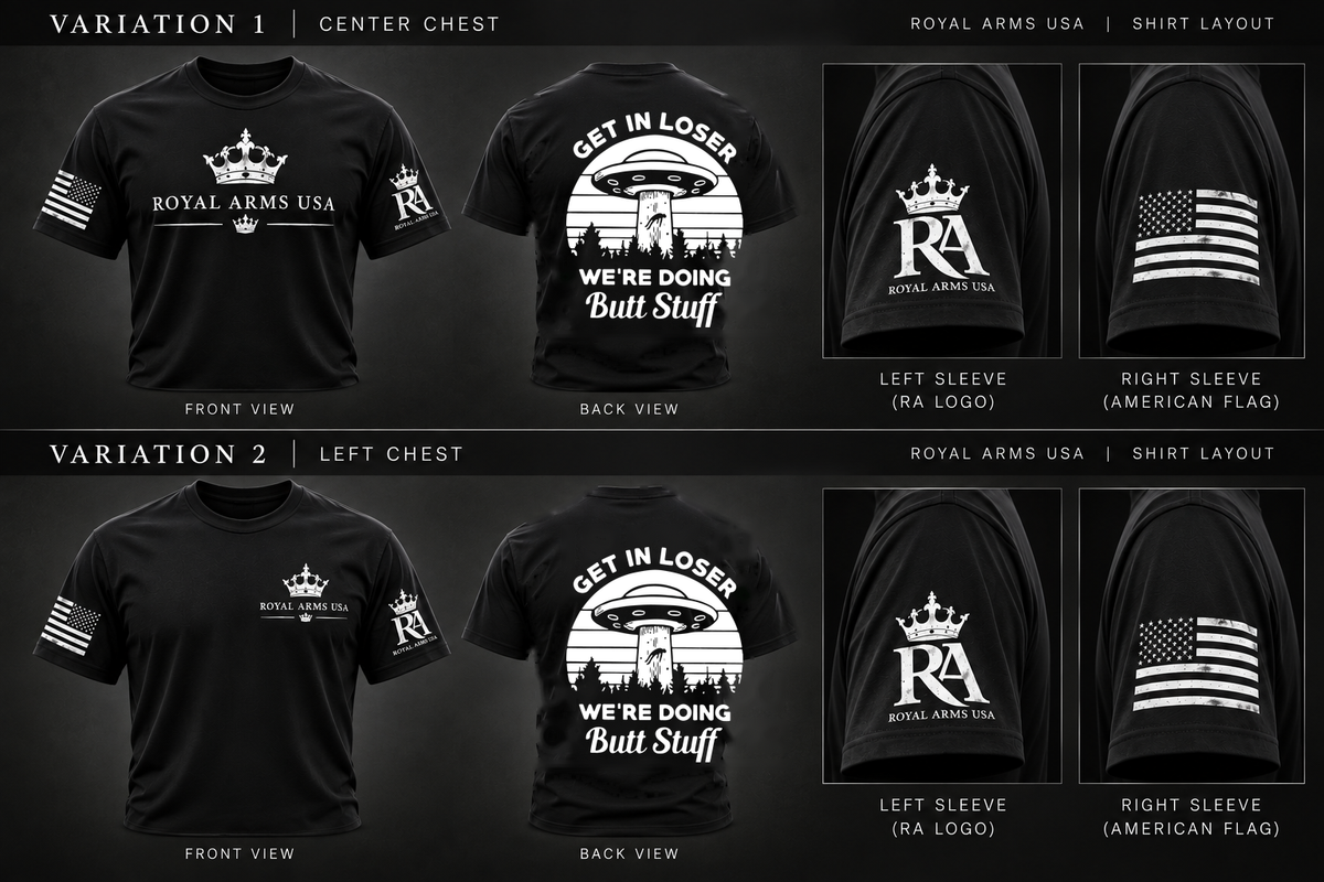 Get In Loser T-Shirt approved black Royal Arms USA layout