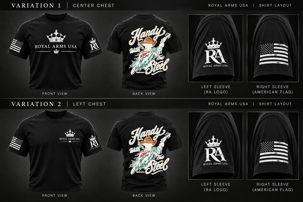 Handy With The Steel T-Shirt approved black Royal Arms USA layout