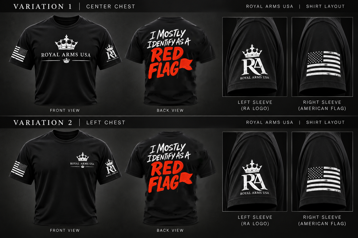 Royal Arms USA black shirt layout - Red Flags T-Shirt