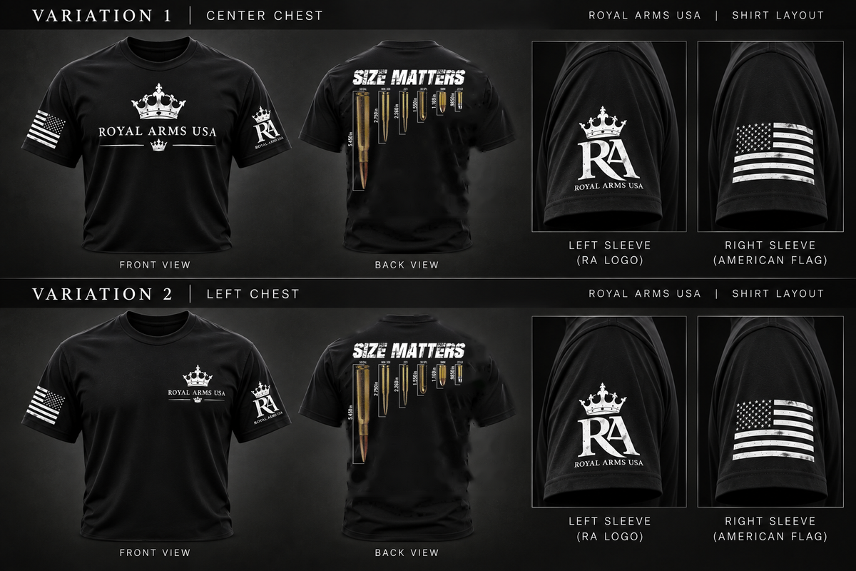 Royal Arms USA black shirt layout - Size Matters T-Shirt