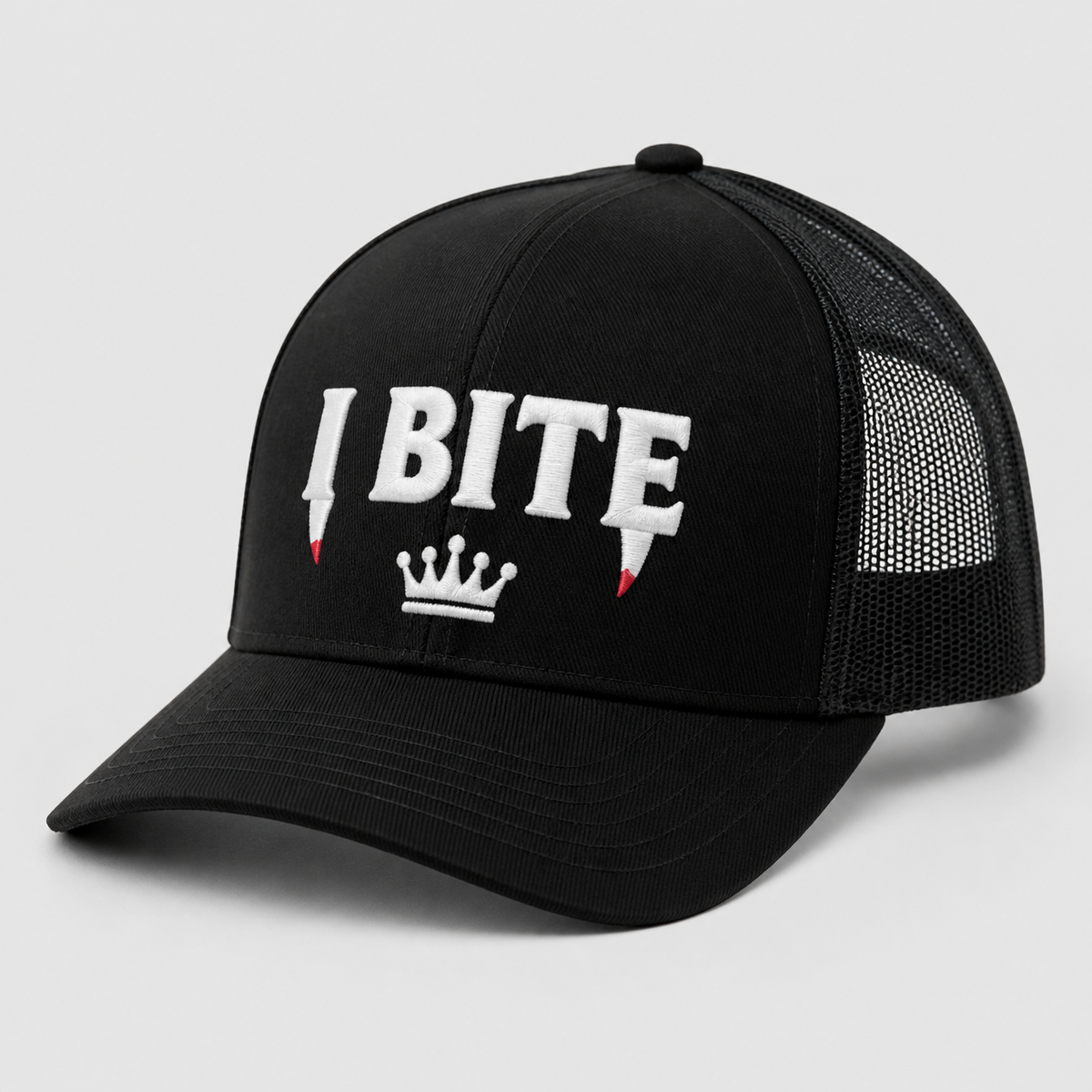 I Bite trucker hat, black mesh back - Royal Arms USA