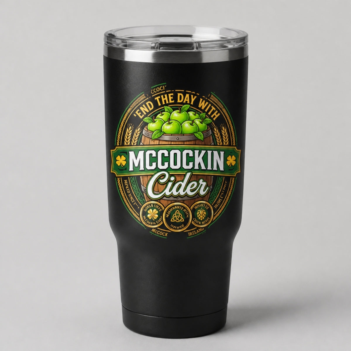 McCockin Cider tumbler, full-color DTF on black