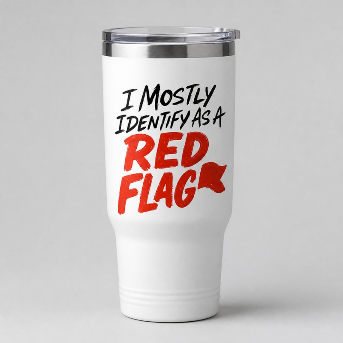 Red Flags tumbler, full-color DTF on white
