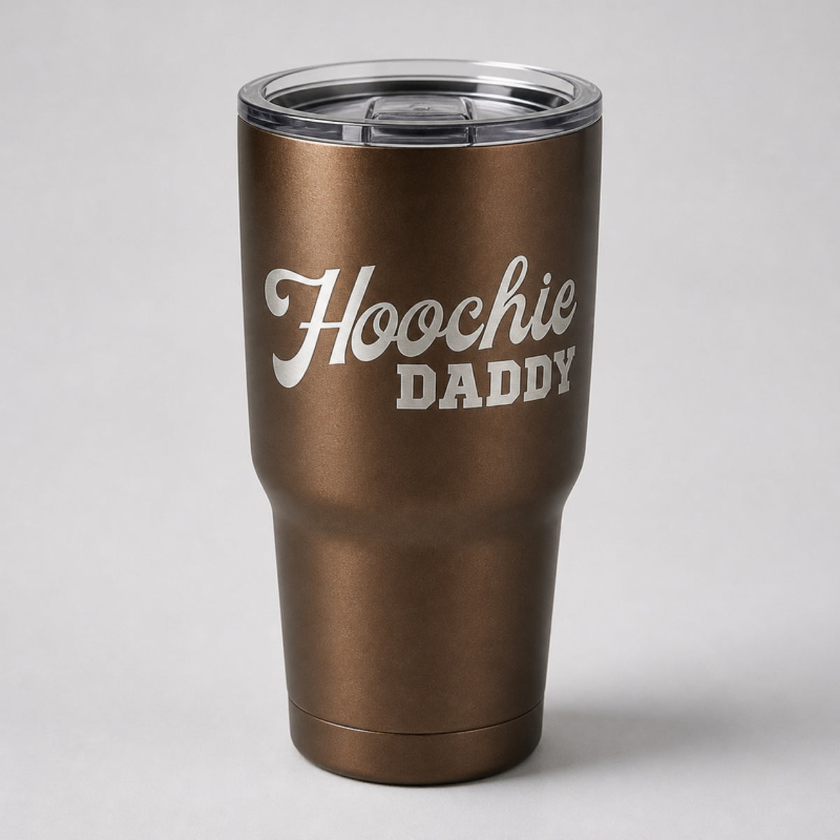 Hoochie Daddy tumbler, burnt bronze Cerakote with laser engraving
