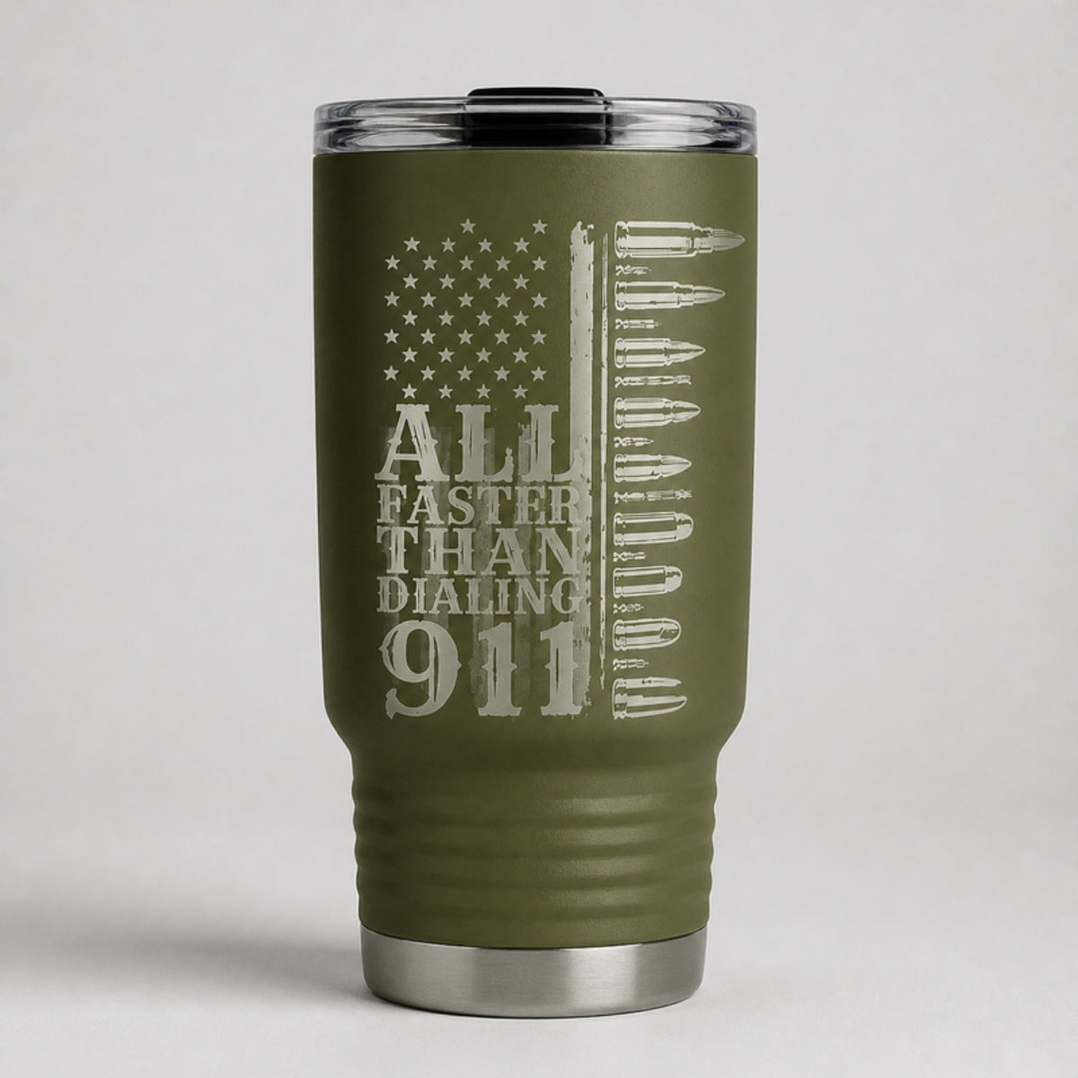 All Faster Than Dialing 911 tumbler, olive Cerakote with laser engraving