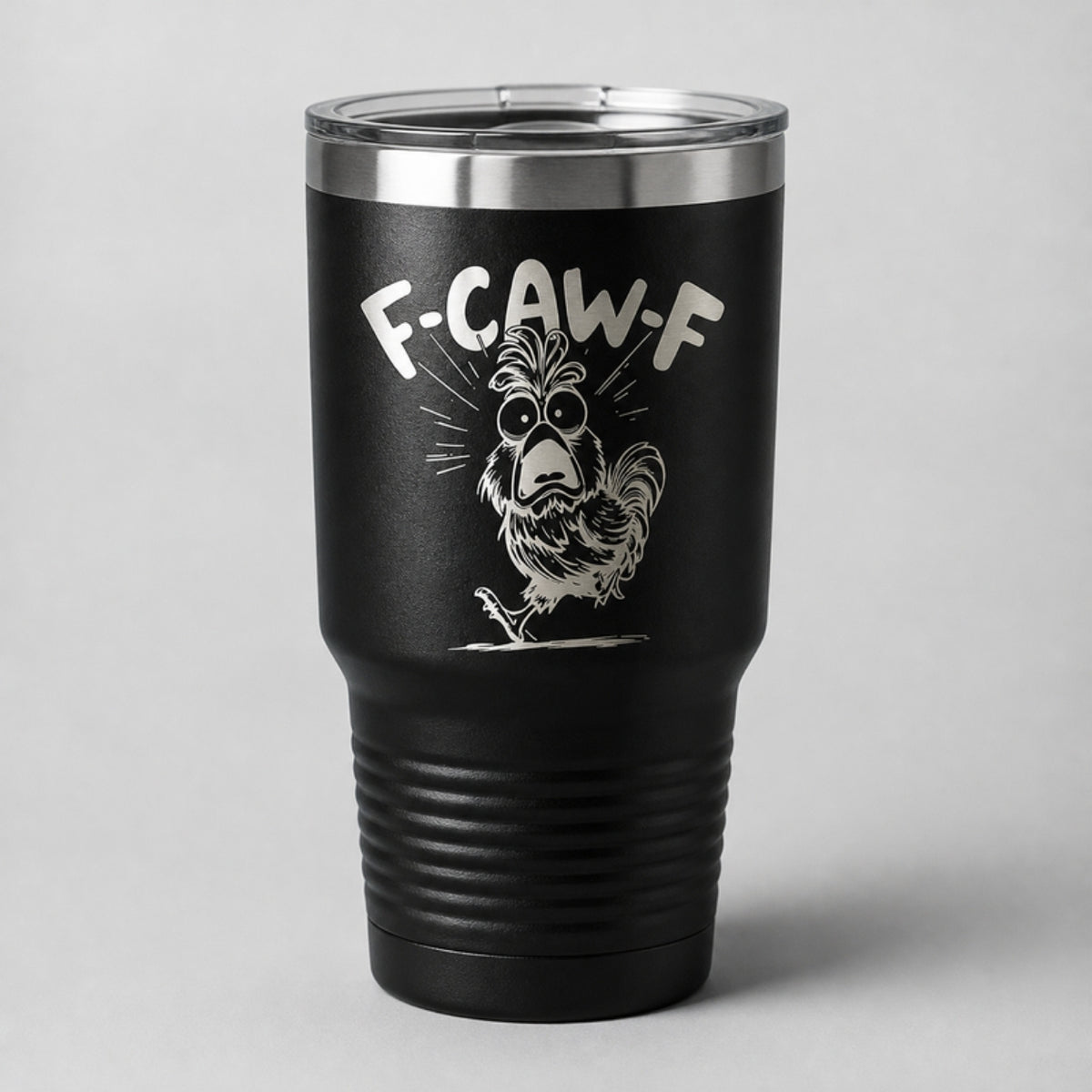 F-CAW-F tumbler, laser engraved on matte black