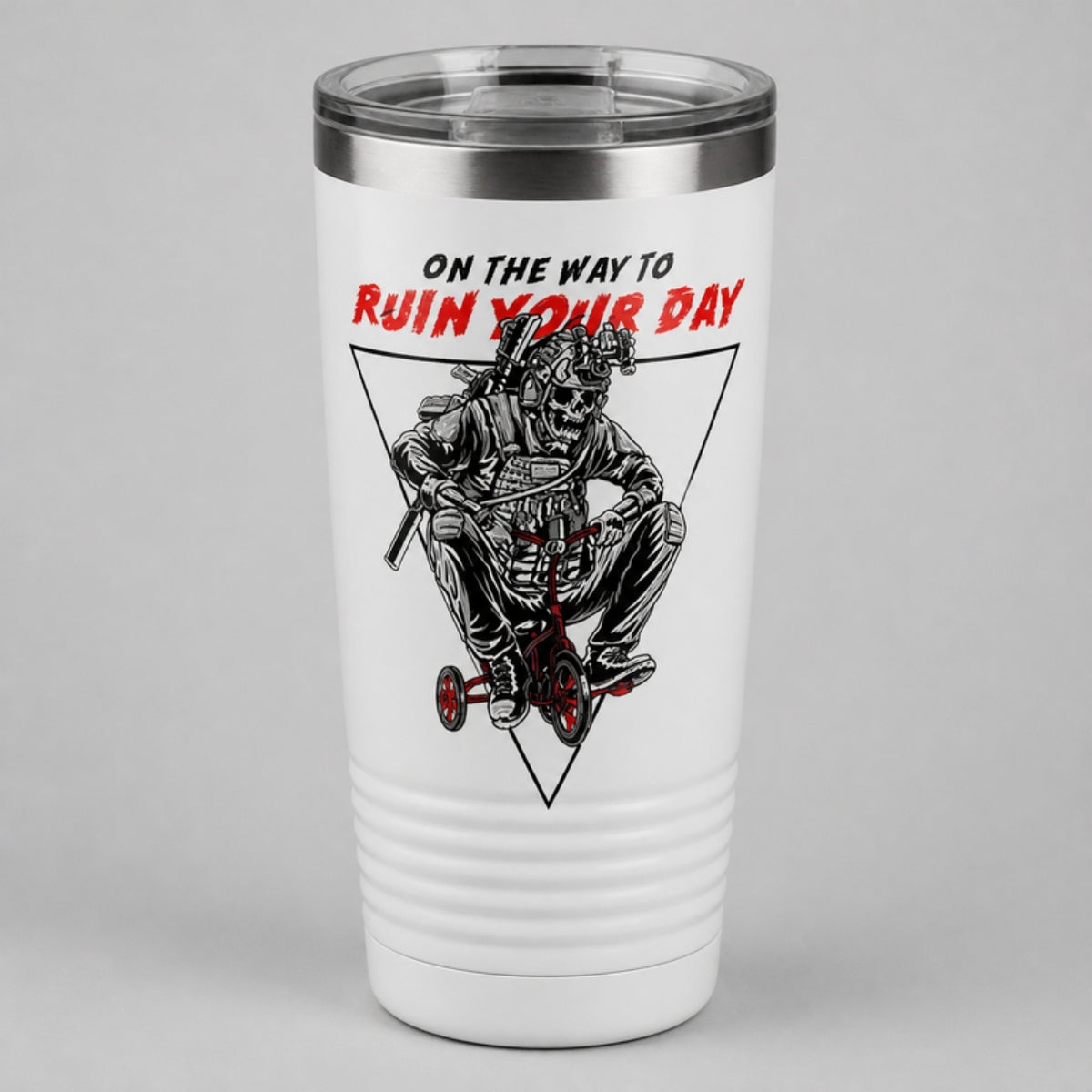 On the Way to Ruin Your Day tumbler, full-color DTF on white
