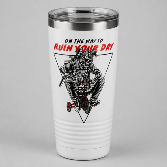 On the Way to Ruin Your Day tumbler, full-color DTF on white