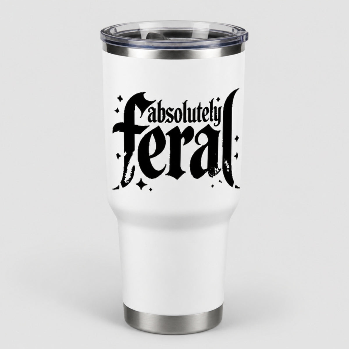 Absolutely Feral tumbler, full-color DTF on white