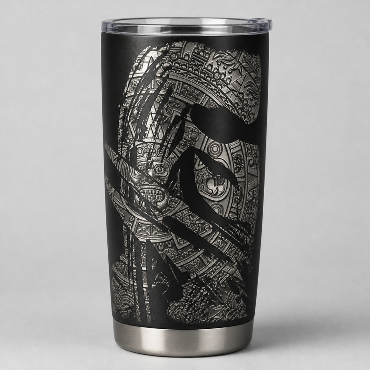 Predator tumbler, laser engraved on matte black