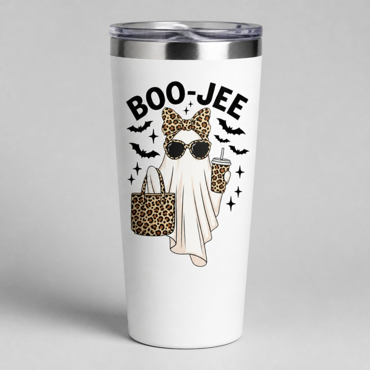 Boo Jee tumbler, full-color DTF on white