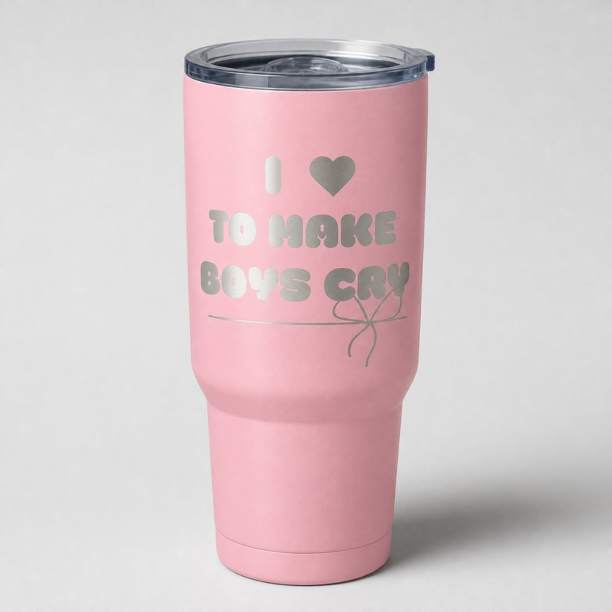 I Love to Make Boys Cry tumbler, pink Cerakote with laser engraving