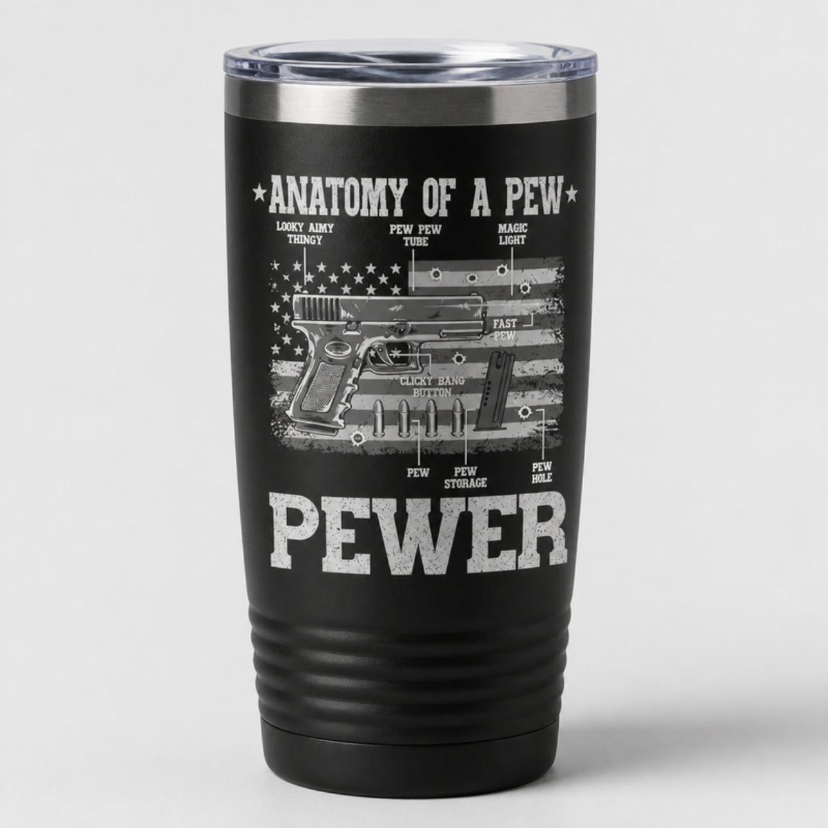 Anatomy of a Pew tumbler, laser engraved on matte black