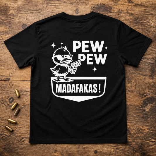 Pew Pew graphic on the back of a black Royal Arms USA tee, flat lay