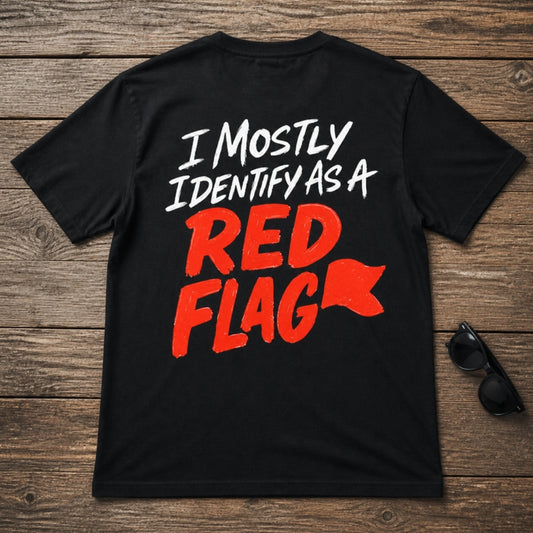 I Mostly Identify as a Red Flag graphic on the back of a black Royal Arms USA tee, flat lay