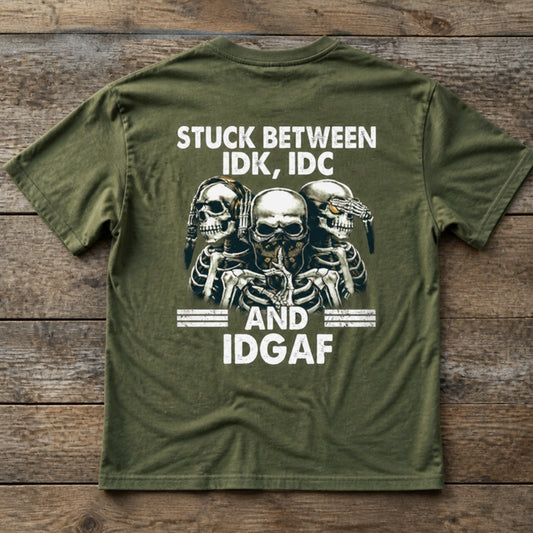 Stuck Between T-Shirt flat lay, army green