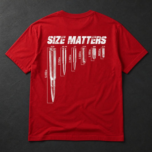 Size Matters T-Shirt flat lay, red