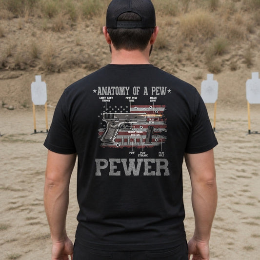 Anatomy of a Pew T-Shirt worn at the range, black