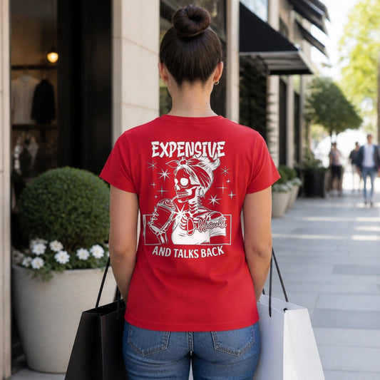Expensive and Talks Back T-Shirt worn by a woman, red