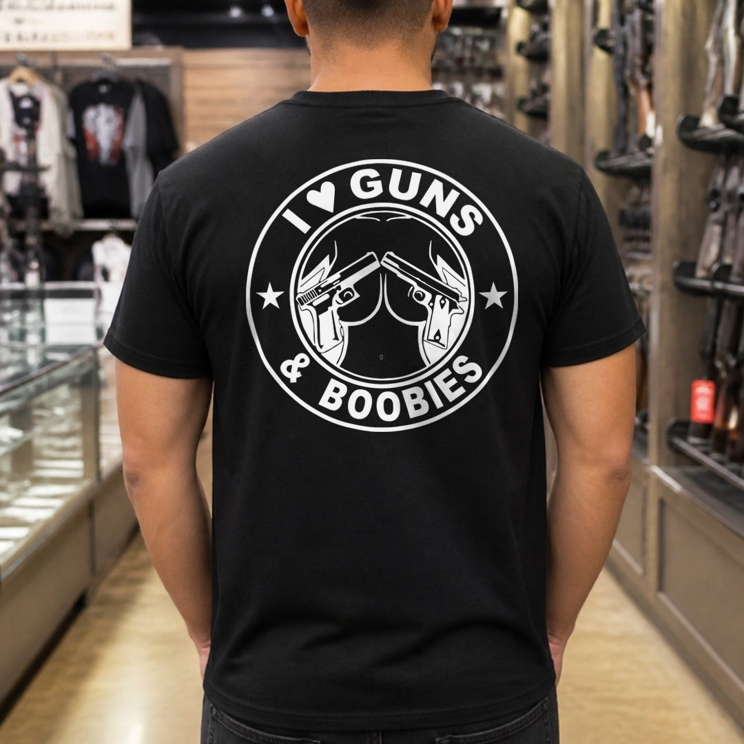 I Love Guns & Boobies T-Shirt worn, black