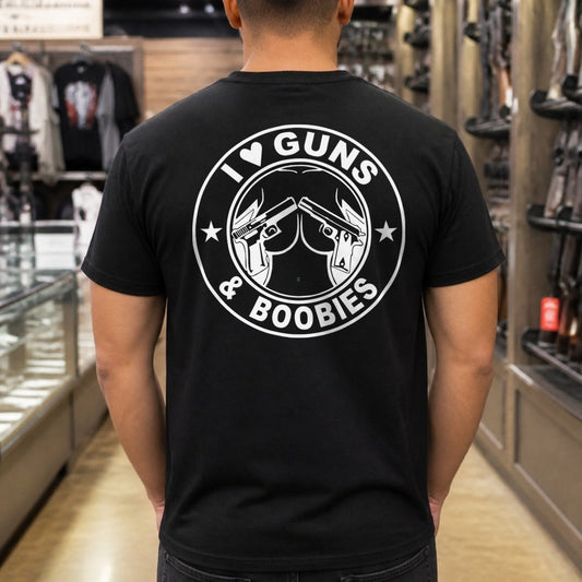 I Love Guns & Boobies T-Shirt worn, black