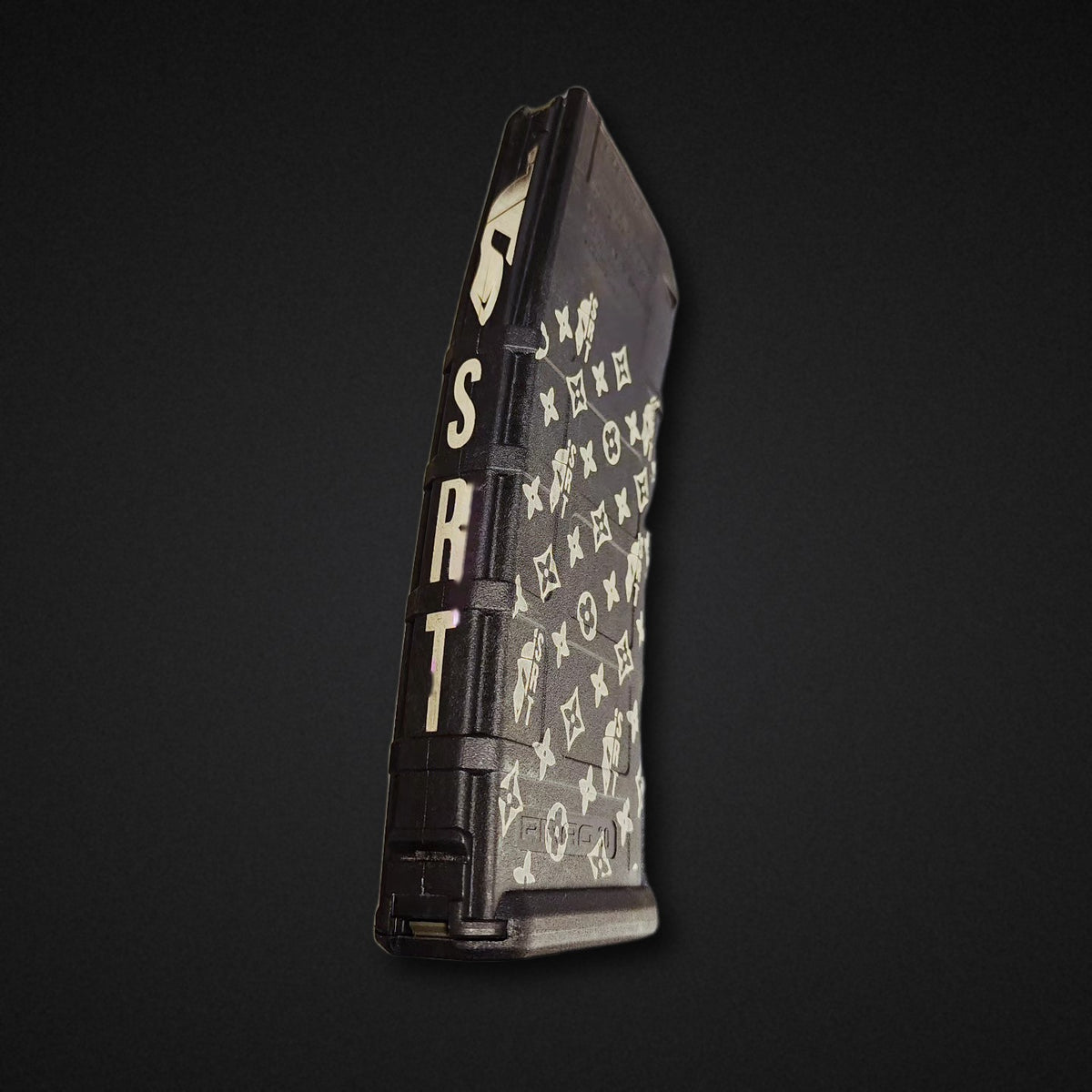 Laser engraved rifle magazine - custom lettering and pattern