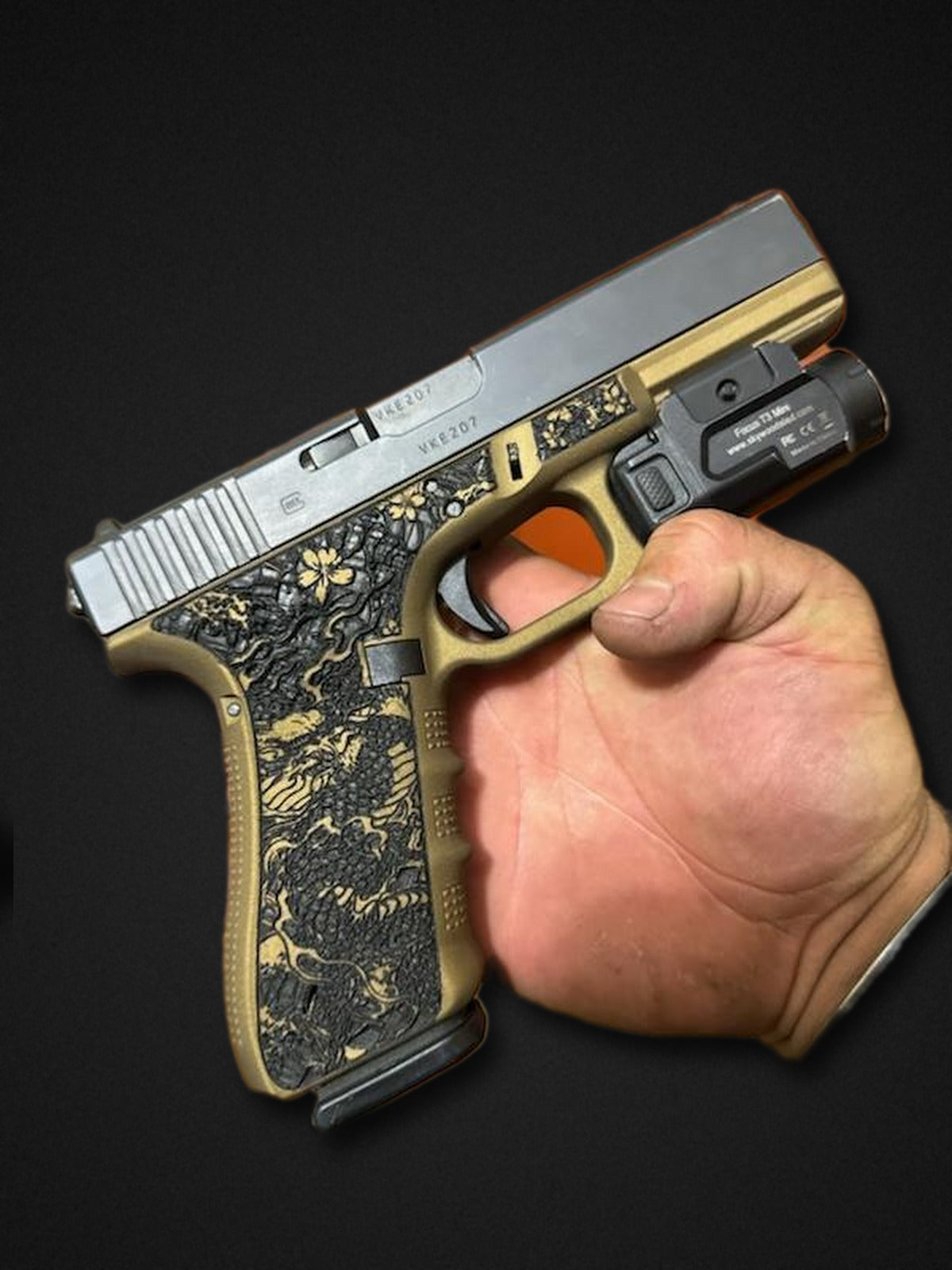 Laser engraved pistol frame - two-tone custom engraving