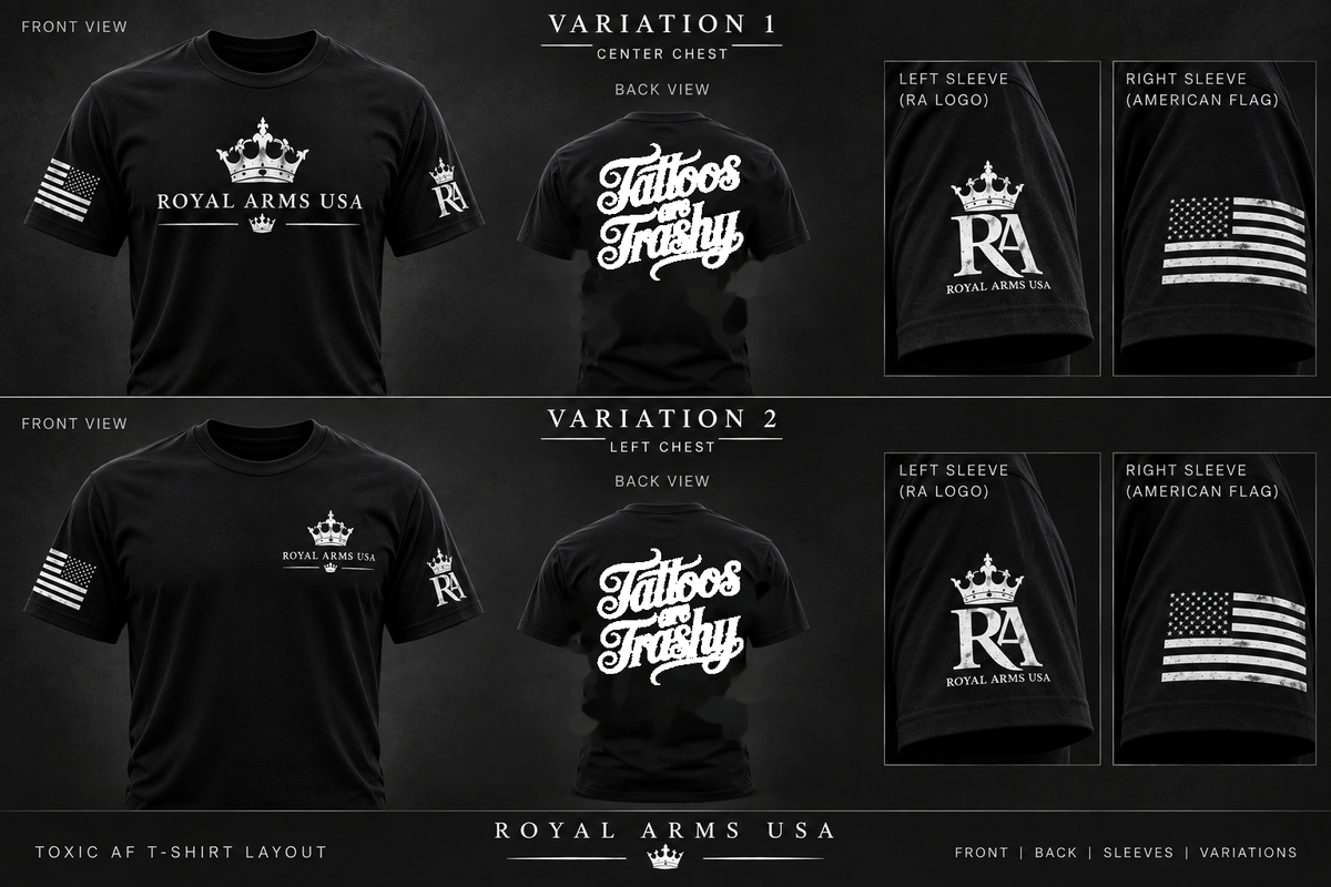 Approved Royal Arms USA shirt layout with raised back artwork