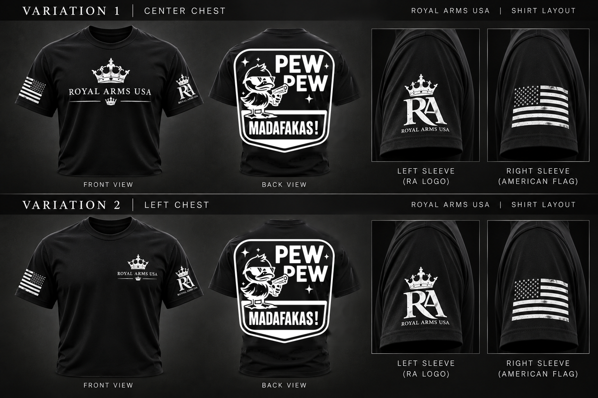Royal Arms USA black shirt layout - Pew Pew T-Shirt