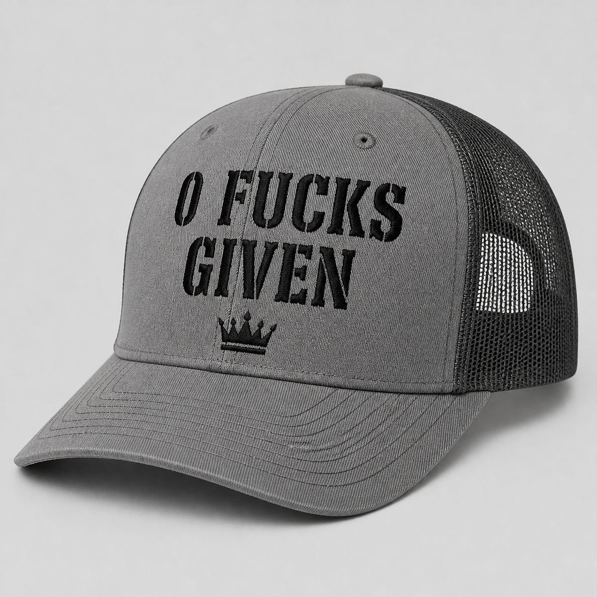 0 Fucks Given trucker hat, grey mesh back - Royal Arms USA
