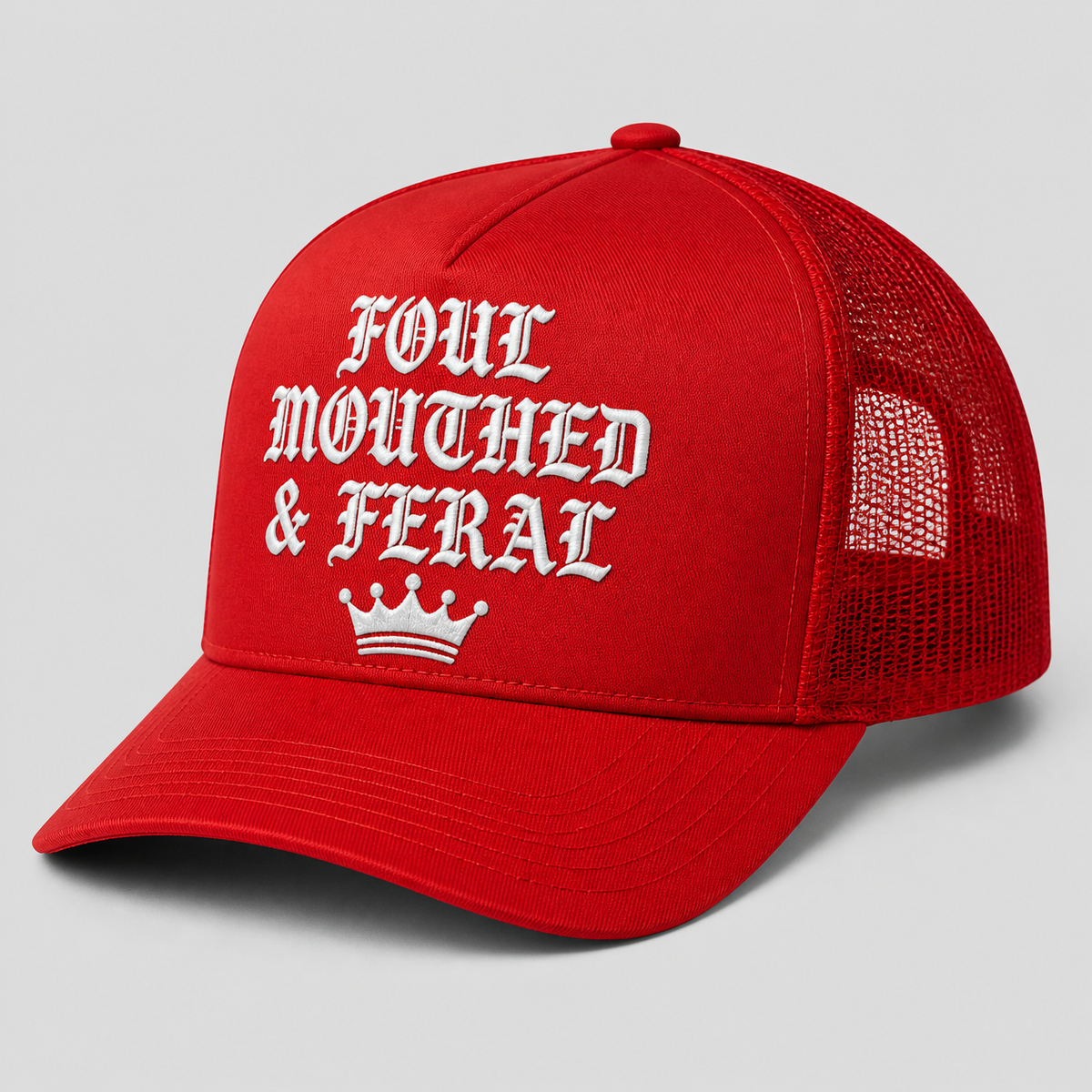 Foul Mouthed & Feral trucker hat, red mesh back - Royal Arms USA