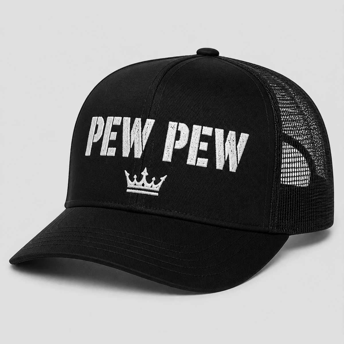 Pew Pew trucker hat, black mesh back - Royal Arms USA