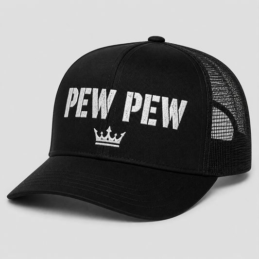 Pew Pew trucker hat, black mesh back - Royal Arms USA